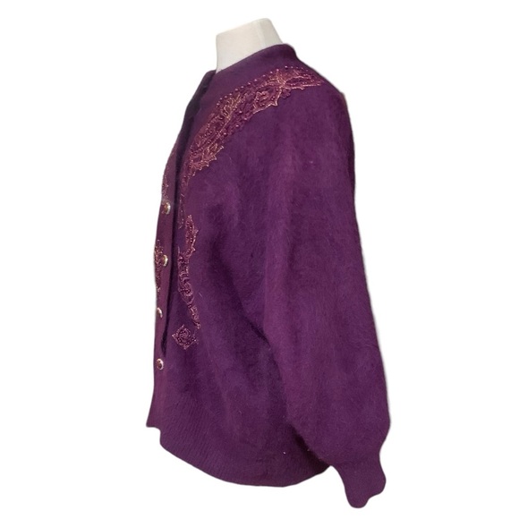 Angora blend purple beaded embroidered lined cardigan - Picture 4 of 10